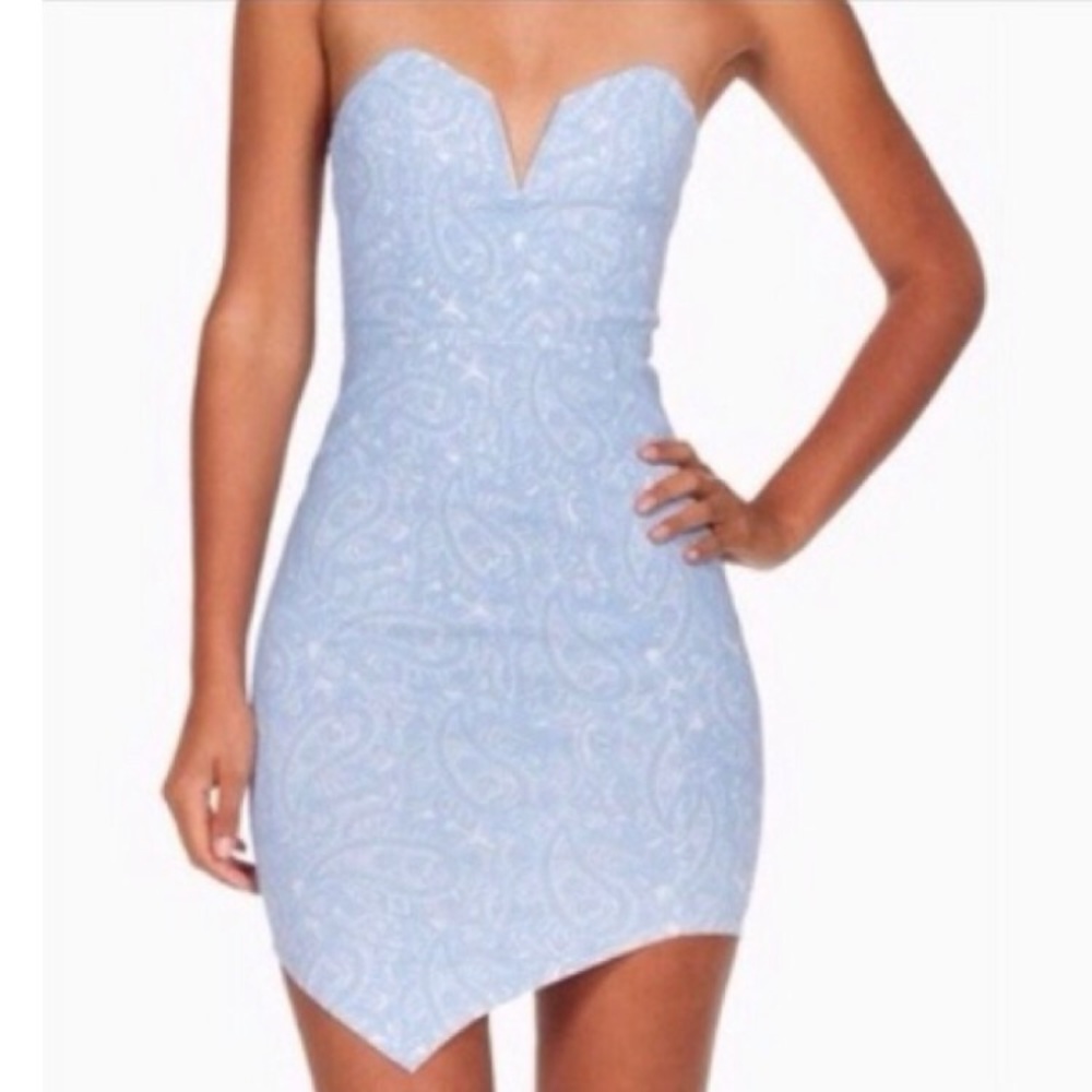 Baby blue strapless paisley dress